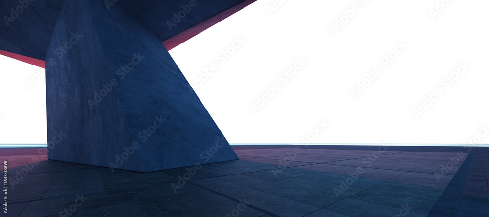 Poster 3d rendering abstract concrete building with empty space and light beams at sunset