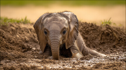 Fototapeta premium Young Elephant Playing in Mud
