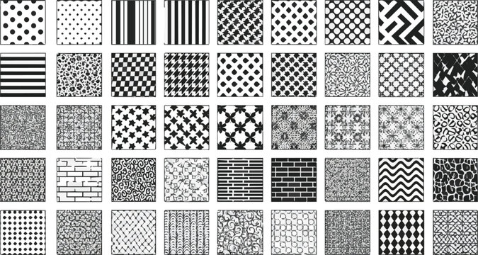 Create a kinds of deferent collection of 45 basic black patterns vector art with white background.