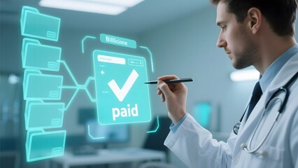 Doctor interacting with a digital interface displaying a 'paid' bill status in a medical setting.