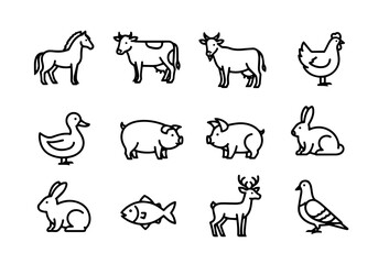 Farm and Animal Vector Icon Set | Bold Line Style | Cow, Pig, Horse, Goat, Chicken, Duck, Fish, Rabbit, Deer, Pigeon