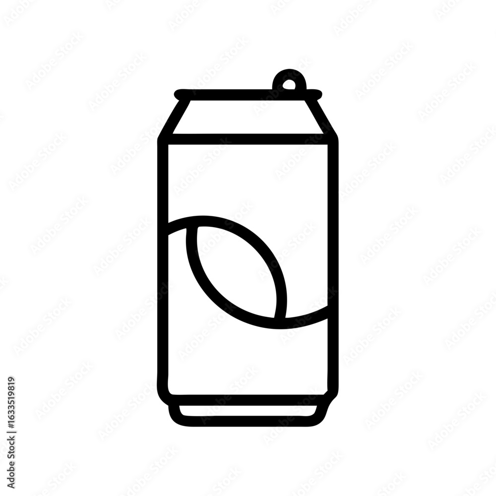 Poster outline drawing of a soda can with a leaf design on the side and a pull tab on the top in black and 