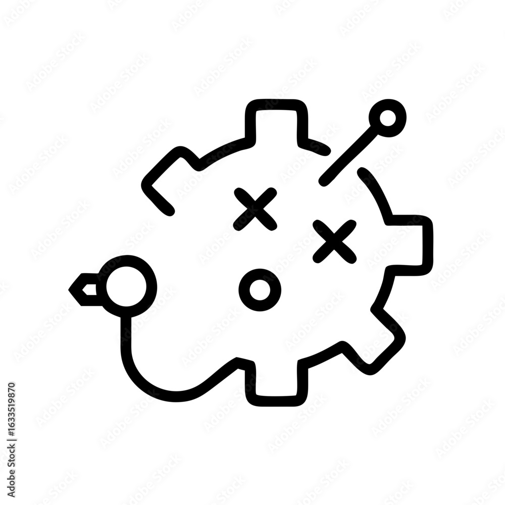 Aufkleber illustration of a gear with x marks and a circle with a line connected to a circle on the side
