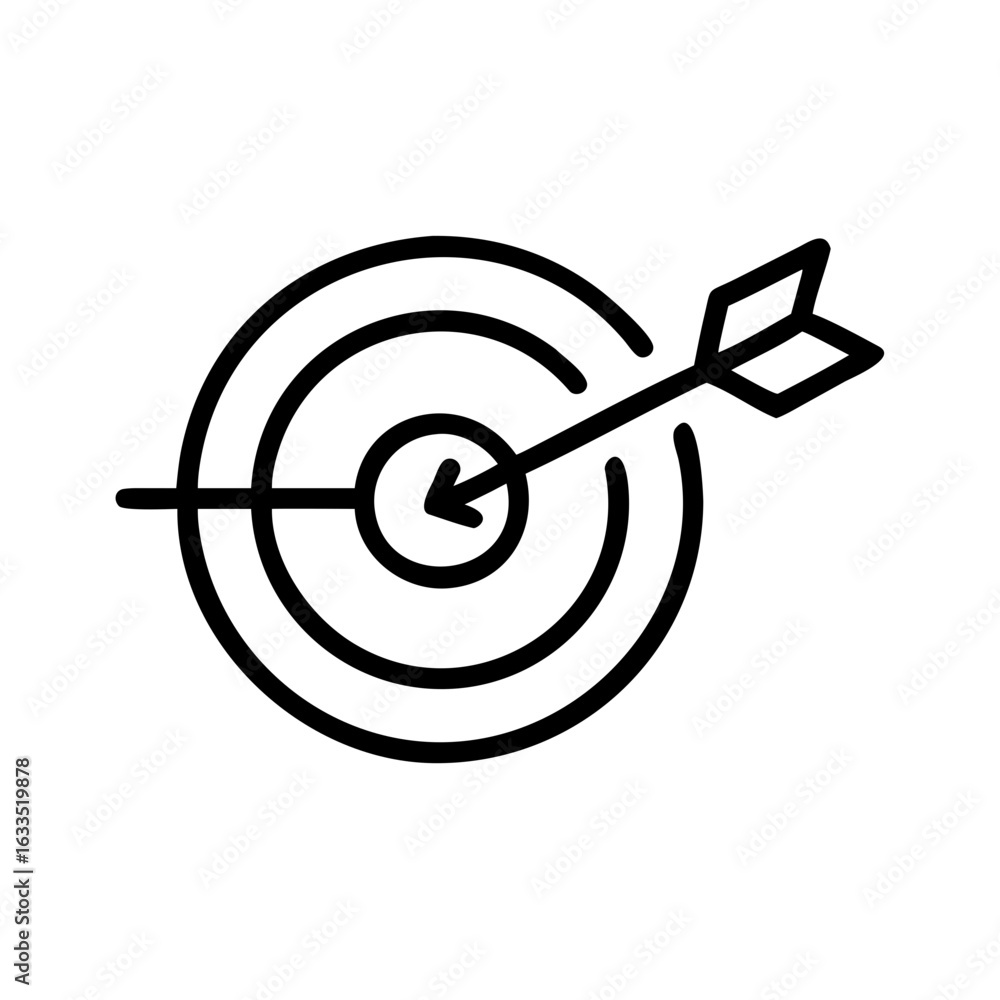 Poster illustration of a target with concentric circles and an arrow hitting the center in a simple outline