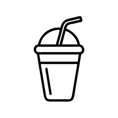 Outline drawing of a plastic cup with a dome lid and a straw for a cold drink on a white background