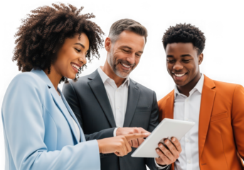 Diverse business team collaborating over a tablet, smiling isolated on transparent background