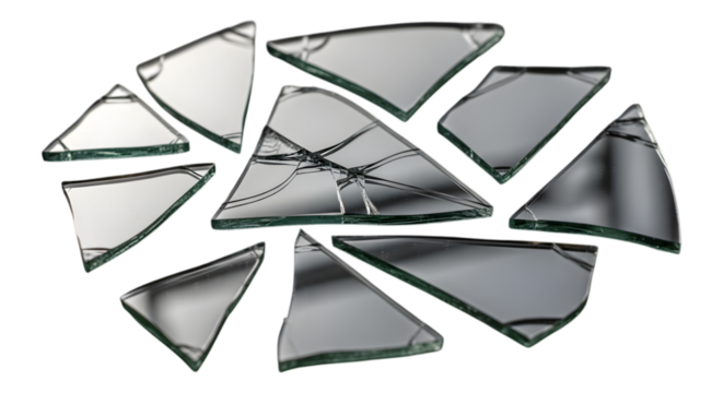 Collection of sharp, reflective glass shards and fragments isolated on a transparent background