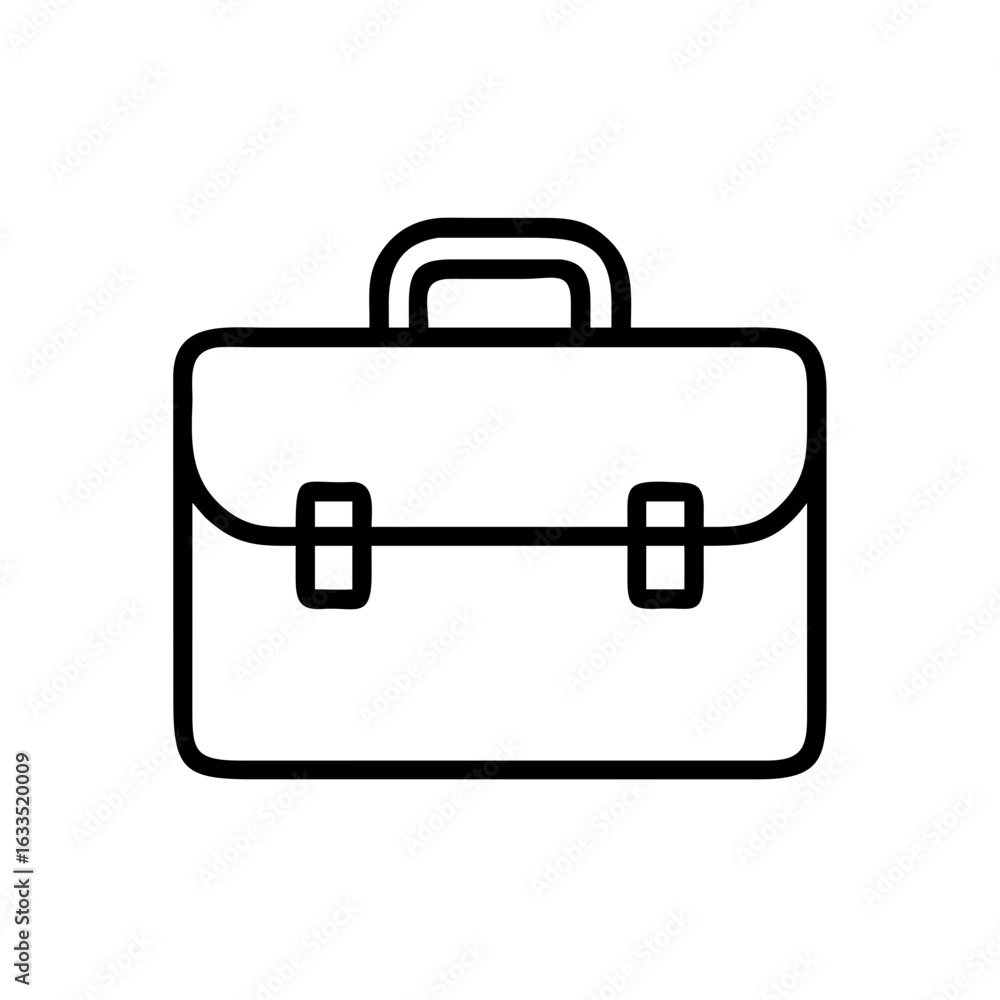 Poster illustration of a simple black outline briefcase with a handle and two clasps on the front