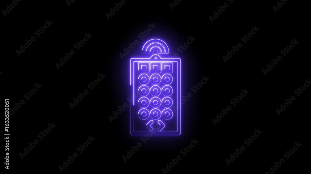 Poster glowing purple neon elevator button panel icon with up down arrows and wifi symbol on black backgrou
