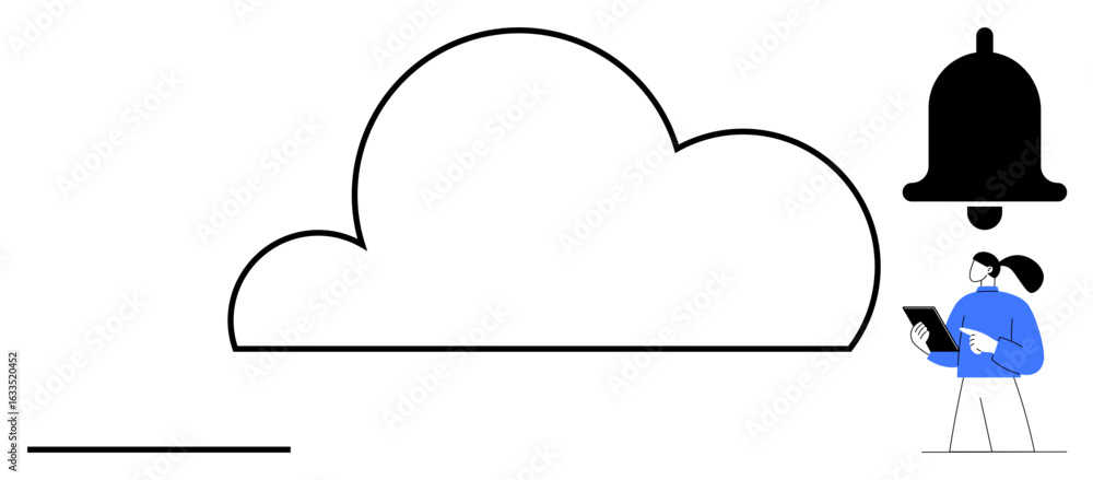Poster large cloud shape with notification bell, person using tablet. ideal for cloud computing, digital te