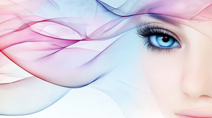 Abstract blue eye with colorful flowing lines, artistic female face, dreamy surreal vision, modern digital art, soft pastel waves, beauty and imagination, creative fantasy, elegance, conceptual design