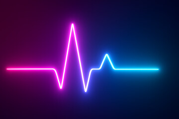 Neon electrocardiogram pulse line glowing in pink and blue on dark background, futuristic heart rate waveform, digital health monitoring signal, modern medical UI cardiology concept illustration

