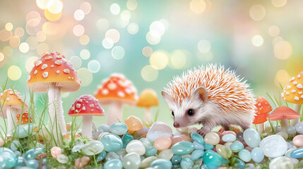Cute hedgehog in fantasy mushroom garden with colorful pastel stones, whimsical bokeh background, magical animal art, fairytale woodland scene, dreamy adventure, adorable children’s illustration