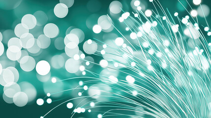 Fiber optic abstract background with glowing bokeh lights, modern technology communication network, high-speed data transmission, turquoise digital lines, futuristic design, science innovation