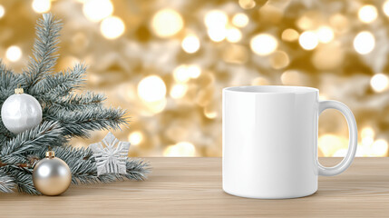 Blank white mug on wooden table with golden Christmas decorations, pine branches, baubles, and sparkling bokeh background, festive winter holiday mockup, elegant seasonal template for design
