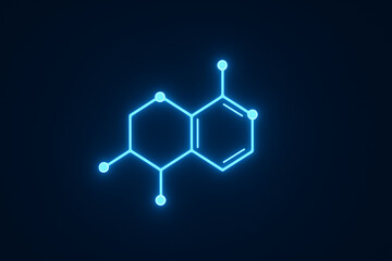 Neon glowing molecular chemical structure on dark background, stylized scientific formula diagram, futuristic biochemistry hologram, abstract pharmacology data concept, molecule visualization icon
