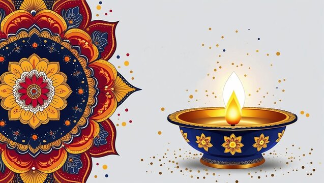 Happy Diwali festive greeting card with glowing diya lamp, vibrant mandala floral decor on elegant white background – AI-Generated - Powered by Adobe