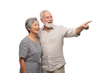 Happy senior couple pointing and smiling together isolated on transparent background