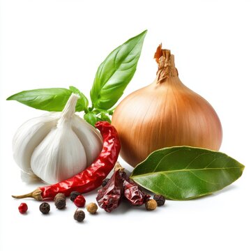 fresh spice with garlic bay leaf onion parsley hot pepper basil isolated on white background