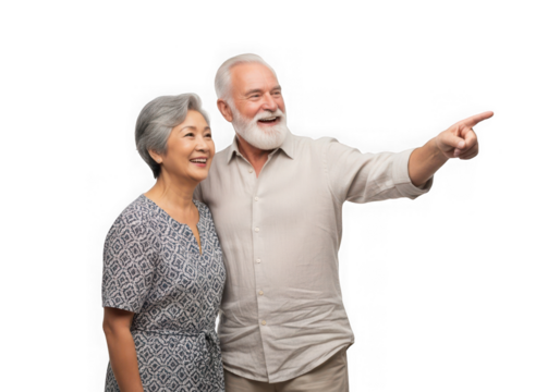 Happy senior couple pointing and smiling together isolated on transparent background