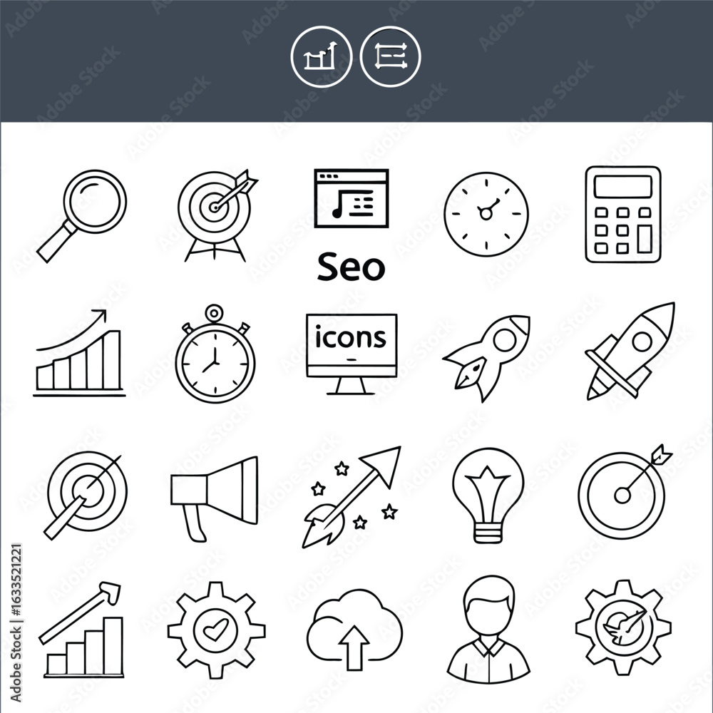Poster Vector art of seo icons isolated on white background representing search engine optimization and web analytics