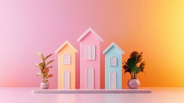 3d illustration of ascending bars shaped like house