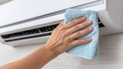 A hand wipes a white air conditioner with a light blue cloth, cleaning the appliance for better airflow and hygiene.