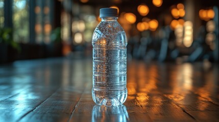Clear plastic water bottle ready for hydration on the gym floor with vibrant setting and ample copy space