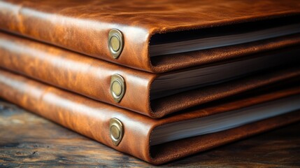 A classic brown leather business folder rests on a wooden table, showcasing confidential reports under warm vintage lighting, inviting focus and contemplation in a professional setting.