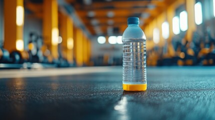 Clear plastic water bottle ready for hydration on the gym floor with vibrant setting and ample copy space