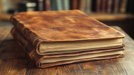 A classic brown leather business folder rests on a wooden table, showcasing confidential reports under warm vintage lighting, inviting focus and contemplation in a professional setting.