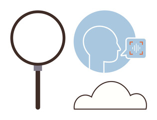 Magnifying glass, head with speech recognition signal, and cloud graphic. Ideal for data analysis, AI, voice recognition, machine learning, innovation research and technology. Simple flat metaphor