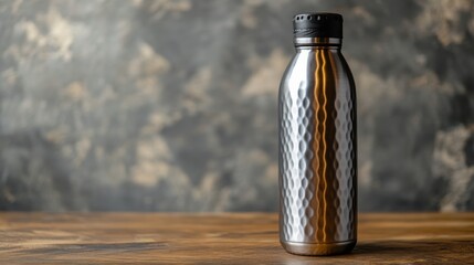 Sleek stainless steel sports water bottle on a wooden table with clean background and ample copy space for designs