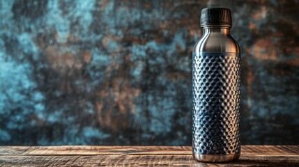 Close-up view of a stylish stainless steel sports water bottle resting on a wooden table, surrounded by a clean background that offers plenty of copy space for branding or messaging.