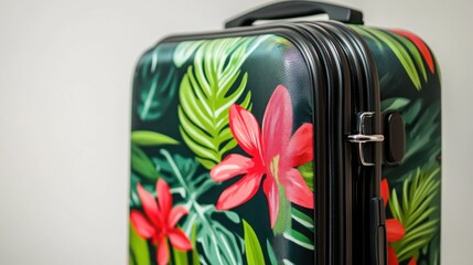 A colorful suitcase with a tropical floral design stands prominently against a sleek white wall. Ideal for travel enthusiasts, it showcases a cheerful aesthetic and ample space for personal items.