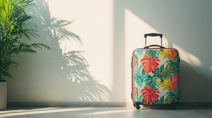 Vibrant tropical suitcase against a minimalist wall, perfect for travel adventures and summer getaways