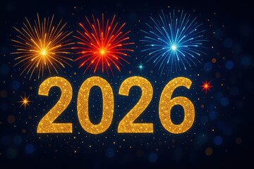 A dazzling display of multicolored fireworks lighting up the night sky to welcome the new year 2026 with a celebratory and festive atmosphere