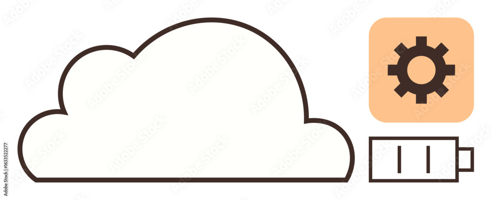 Poster cloud outline paired with gear for configuration and battery representing energy. ideal for data sto