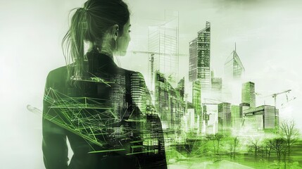 A businesswoman surrounded by a digital cityscape symbolizing the integ n of technology and urban development for business success