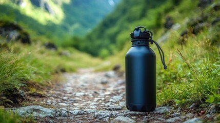 A lightweight, compact foldable sports water bottle stands on a hiking trail surrounded by lush greenery. The setting sun enhances the beauty of the scene, creating a tranquil atmosphere.