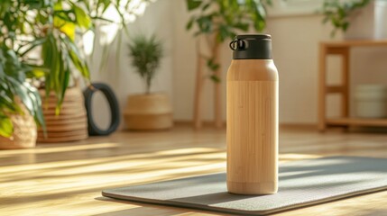 Eco-friendly bamboo sports water bottle on fitness mat with a bright background and ample copy space
