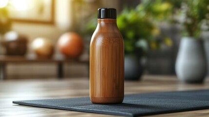 Eco-friendly bamboo sports water bottle with a wooden texture is placed on a fitness mat. The vibrant background offers a refreshing aesthetic, perfect for fitness activities.