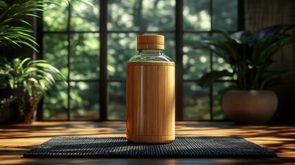 Eco-friendly bamboo sports water bottle with a wooden texture is placed on a fitness mat. The vibrant background offers a refreshing aesthetic, perfect for fitness activities.