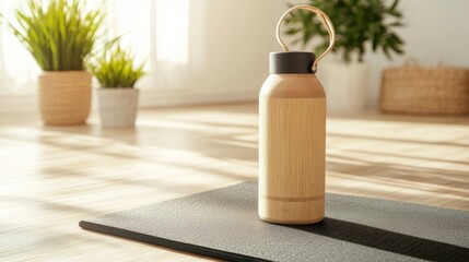 Eco-friendly bamboo sports water bottle with a wooden texture is placed on a fitness mat. The vibrant background offers a refreshing aesthetic, perfect for fitness activities.