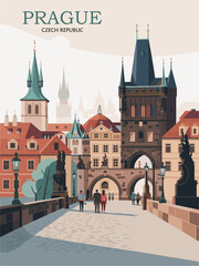Flat vector illustration of Charles Bridge in Prague with detailed arches, red rooftops, and soft morning light in pastel tones. A warm, tranquil cityscape with historic charm
