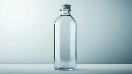 Empty glass sports water bottle with screw cap on a light background offering simplicity and versatility for hydration needs