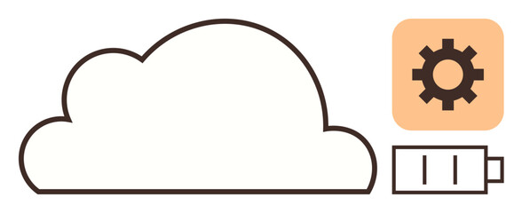 Cloud outline paired with gear for configuration and battery representing energy. Ideal for data storage, technology solutions, cloud systems, IT management, efficiency, software setup, simple flat