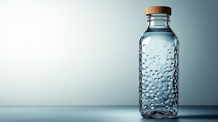 This clear glass sports water bottle features a screw cap and a sleek geometric design. Set against a white background, it provides ample space for customization or branding.