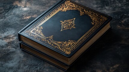 Elegant executive portfolio showcases a gold-embossed logo set against a dark moody background. Financial reports are artfully displayed with ample copy space for branding.