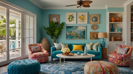 Beach-style colorful living room